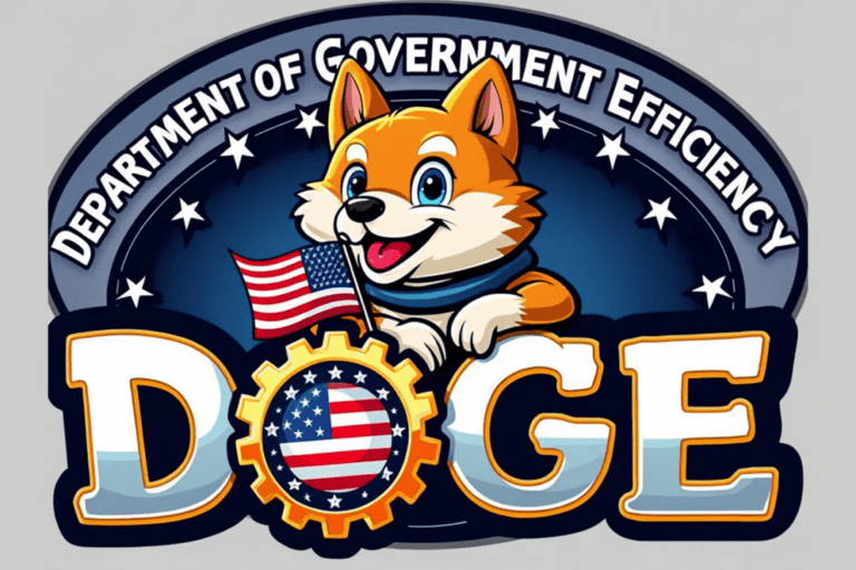 Cartoon dog with American flag, Department of Government Efficiency