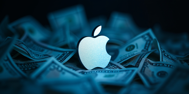 Apple logo surrounded by dollar bills